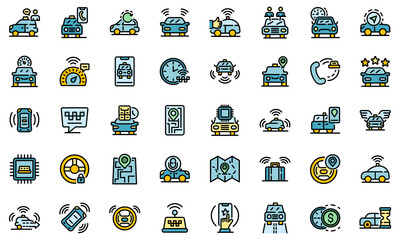 Poster - Unmanned taxi icons set. Outline set of unmanned taxi vector icons thin line color flat on white