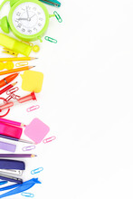 Back To School, Multicolored School Supplies, Rainbow On White Background, Flatley, Copyspace