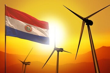 Paraguay wind energy, alternative energy environment concept with wind turbines and flag on sunset industrial illustration - renewable alternative energy, 3D illustration