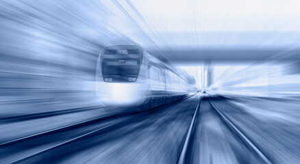 Wall Mural - High speed train runs on rail tracks . Train in motion