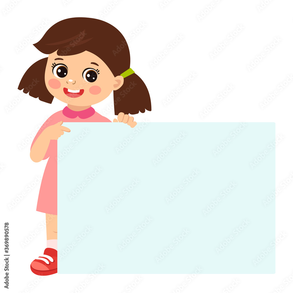 Cartoon girl holding empty blank board with space for text vector ...