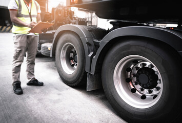 Wall Mural - Semi truck, Maintenance and Vehicle inspection.  A truck mechanic driver holding clipboard, his safety checking a truck wheels and tires.