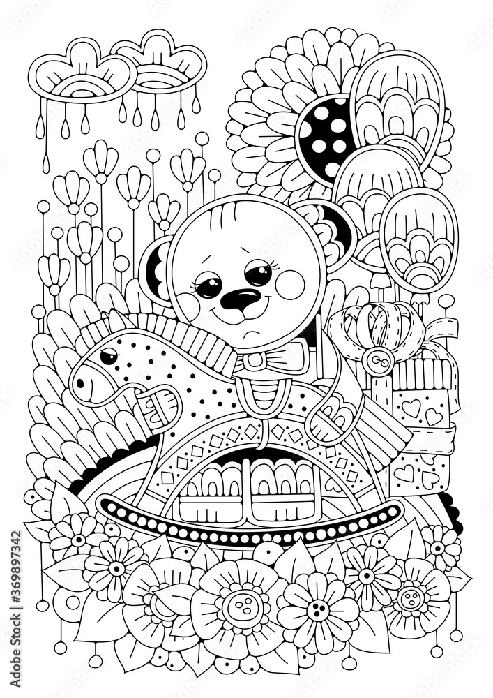 Coloring page for children and adults. A cute cartoon bear stands in a ...