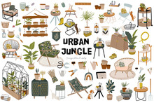 Trendy Scandinavian Urban Greenery At Home Jungle Interior With Home Decorations. Cozy Home Garden Furnished In Hygge Style. Crazy Plant Lady Illustration. Isolated Vector