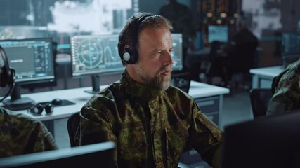 Poster - Military Surveillance Team of Officers in Headsets Working in a Central Office Hub for Cyber Operations, Control and Monitoring for Managing National Security, Technology and Army Communications.