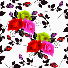 Wall Mural - Bouquets of roses on a white background, seamless pattern.