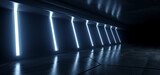 Fototapeta Przestrzenne - Futuristic Neon Laser Lines Glowing Blue VIbrant Synth Cement Concrete Underground Warehouse Garage Studio Empty Showcase Tunnel Corridor Background 3D Rendering