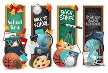 Education Chalkboards With Back To School Lettering Isolated Vector Banners Set. Green And Black Blackboards With School Time Learning Stuff. Student Bag, Sport Balls And Globe, Telescope, Microscope