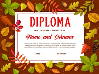 Sticker - Education certificate with autumn leaves, kids diploma for school or kindergarten vector template. Child award border design, diploma for participation, achievement or graduation fall foliage frame