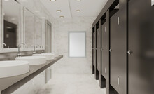 Contemporary Interior Of Public Toilet. 3D Rendering.. Blank Paintings.  Mockup.