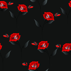 Wall Mural - Seamless pattern with red roses on a black background.