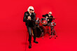 © deagreez - Full length photo of grey white hair two people pensioner wife husband rock band man play drum woman sing solo composition mic enjoy studio sound event isolated bright color background