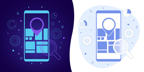 Poster - Local SEO Marketing vector concept with black and white background, dark ultra violet neon glowing thin outline icon and light-blue illustration. Search Engine Optimization with regional results