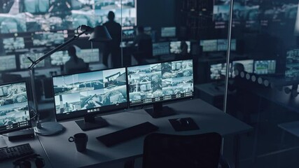 Poster - Two Digital Computer Screens with Surveillance CCTV Video Footage in a Harbour Monitoring Center with Multiple Cameras on a Big Digital Screen. Employees Sit in Front of Displays with Big Data