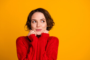 Closeup photo of pretty funny lady look empty space cloth warmth dream winter holidays family miss meeting gathering wear casual red knitted sweater isolated vivid yellow color background