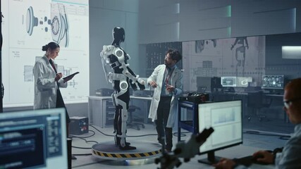 Aufkleber - In Robotics Technology Development Laboratory Diverse Team of Engineers Work on a Bionics Exoskeleton Prototype. Scientists Design Powered Armor Suit to Help Disabled People and Hard Labor Workers