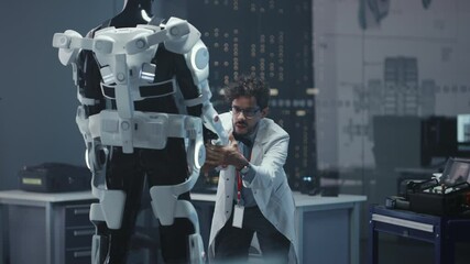 Leinwandbilder - In Robotics Development Laboratory: Chief Female Engineer and Top Male Scientist Work on a Bionics Exoskeleton Prototype. Designing Powered Exosuit to Help Disabled People Walk, Workers to Lift Goods