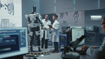 Poster - In Robotics Development Laboratory International Team of  Engineers and Scientists Work on Robotics Exoskeleton Prototype. Designing Powered Exosuit to Help Disabled People Walk, Workers to Lift Goods