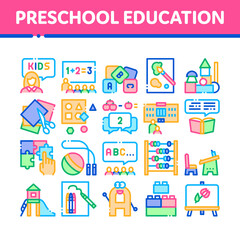 Poster - Preschool Education Collection Icons Set Vector. Preschool Educational Game And Lessons, Teacher And Kids, Painting And Count Concept Linear Pictograms. Color Contour Illustrations