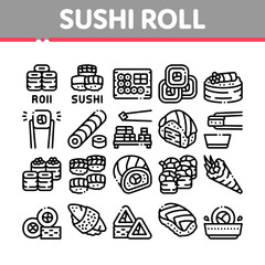 Canvas Print - Sushi Roll Asian Dish Collection Icons Set Vector. Sushi Roll Set Japanese Traditional Food Cooked From Rice And Fish, Shrimp And Cheese Concept Linear Pictograms. Monochrome Contour Illustrations