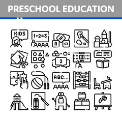 Canvas Print - Preschool Education Collection Icons Set Vector. Preschool Educational Game And Lessons, Teacher And Kids, Painting And Count Concept Linear Pictograms. Monochrome Contour Illustrations