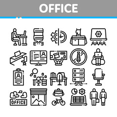 Sticker - Office And Workplace Collection Icons Set Vector. Office Table And Chair, Badge And Business Case, Water Cooler And Computer Screen Concept Linear Pictograms. Monochrome Contour Illustrations