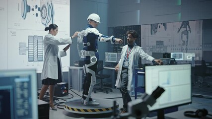 Aufkleber - In Robotics Development Laboratory: Engineers and Scientists Work on a Bionics Exoskeleton Prototype with Person Testing it. Designing Wearable Exosuit to Help Disabled People, Warehouse Workers
