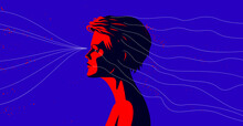 Woman Profile With Abstract Fluid Lines In Motion From His Head Vector Illustration, Mindfulness Philosophical And Psychological Theme, Meditation And Awareness.