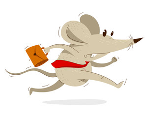 Funny cartoon mouse with tie and case like a businessman runs fast in a rush vector illustration, hurry late concept, humorous rat cartoon.