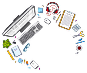 Fototapete - Work desk workspace top view with PC computer and a lot of different stationery objects on table with copy space for text. All elements are easy to use separately or recompose illustration. Vector.