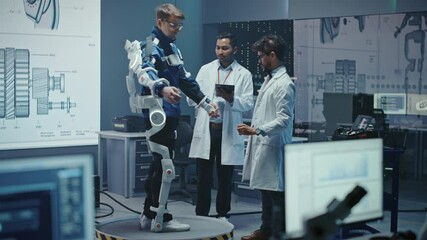 Aufkleber - In Robotics Development Laboratory: Engineers and Scientists Work on a Bionics Exoskeleton Prototype with Person Testing it. Designing Wearable Exosuit to Help Disabled People, Warehouse Workers
