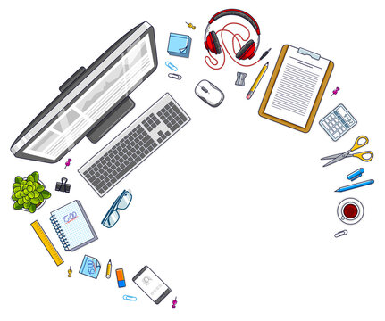 Work desk workspace top view with PC computer and a lot of different stationery objects on table with copy space for text. All elements are easy to use separately or recompose illustration. Vector.