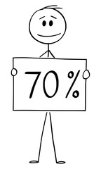 Poster - Vector cartoon stick figure drawing conceptual illustration of man or businessman holding 70 or seventy percent sign.