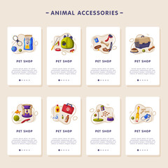 Sticker - Animal Accessories Mobile App Onboarding Screens, Pet Shop, Food, Toys, Products for Care Webpages Cartoon Vector Illustration