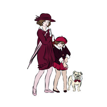 Mom And Daughter With Pug For Walk. Hand Drawn Vector Illustration For Children's Books, Posters For The Interior Of Bedrooms For Newborns, Postcards In Vintage Style