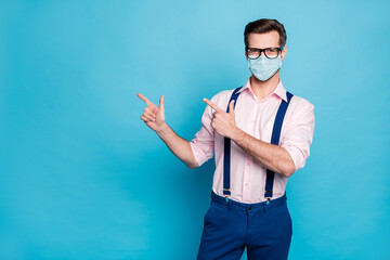 Sticker - Portrait of his he attractive healthy guy wearing safety gauze mask showing copy space influenza symptom vaccine medicine health care immunity tips isolated bright vivid blue color background