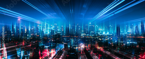 Fototapeta na szkło Smart Network and Connection city of Bangkok Thailand at night