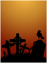 Halloween Creepy Background With Graveyard And Crow