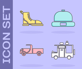 Sticker - Set Rv Camping trailer, Hiking boot, Pickup truck and Beanie hat icon. Vector.