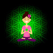Cartoon character smiling woman is sitting in lotus position with namaste hands. Anahata chakra activation. Vector illustration.