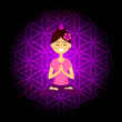 Cartoon character smiling woman is sitting in lotus position with namaste hands. Sahasrara chakra activation. Vector illustration.