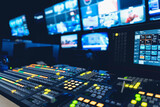 Fototapeta Miasta - video switch of Television Broadcast, working with video and audio mixer, control broadcasts in recording studio.