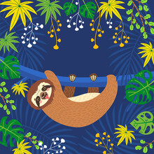Sloth On The Branch. Vector Illustration With Leaves, Plants And Copyspace On Dark Blue Background. Greeting Card In Tropical Style.