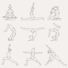 Different Yoga Poses Continuous One Line Vector Illustration.