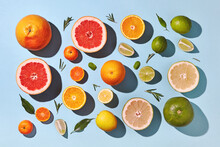 Top Shot Of Pattern Of Ripe Citrus Summer Composition Of Whole A