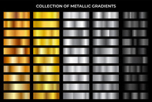 Gold, Bronze, Silver And Black Texture Gradation Background Set. Vector Metallic Gradients. Elegant, Shiny And Bright Gradient Collection For Chrome Button, Frame, Ribbon, Border, Label Design.