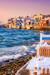 Mykonos, Greece and Little Venice with greek tavern