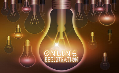 Fototapete - Word writing text Online Registration. Business photo showcasing System for subscribing or registering via the Internet Realistic colored vintage light bulbs, idea sign solution thinking concept