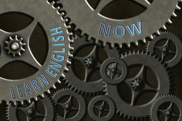 Poster - Writing note showing Learn English Now. Business concept for gain or acquire knowledge and skill of English language System Administrator Control, Gear Configuration Settings Tools Concept