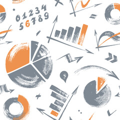 Seamless pattern with gray and orange info graphics elements isolated on white background. Hand drawn style.